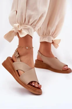 Damskie Boto Sandały Damskie Na Koturnie Z Eko Skóry Beżowe Quilara