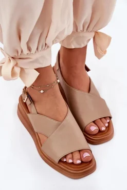 Damskie Boto Sandały Damskie Na Koturnie Z Eko Skóry Beżowe Quilara