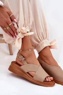 Damskie Boto Sandały Damskie Na Koturnie Z Eko Skóry Beżowe Quilara