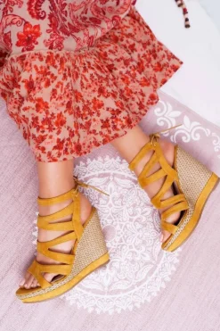 Boto Sandały Na Koturnie*Sandały Damskie Na Koturnie Sznurek Żółte Liluena