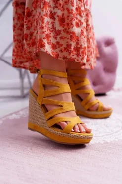 Boto Sandały Na Koturnie*Sandały Damskie Na Koturnie Sznurek Żółte Liluena