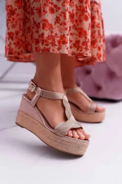 Damskie Boto Sandały Damskie Na Koturnie Sznurek Champagne Larone