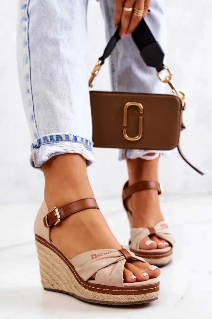 Big Star Shoes Sandały Damskie Na Koturnie Big Star JJ274939 Beżowe