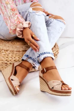 Big Star Shoes Sandały Damskie Na Koturnie Big Star JJ274939 Beżowe