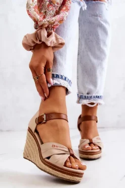 Big Star Shoes Sandały Damskie Na Koturnie Big Star JJ274939 Beżowe