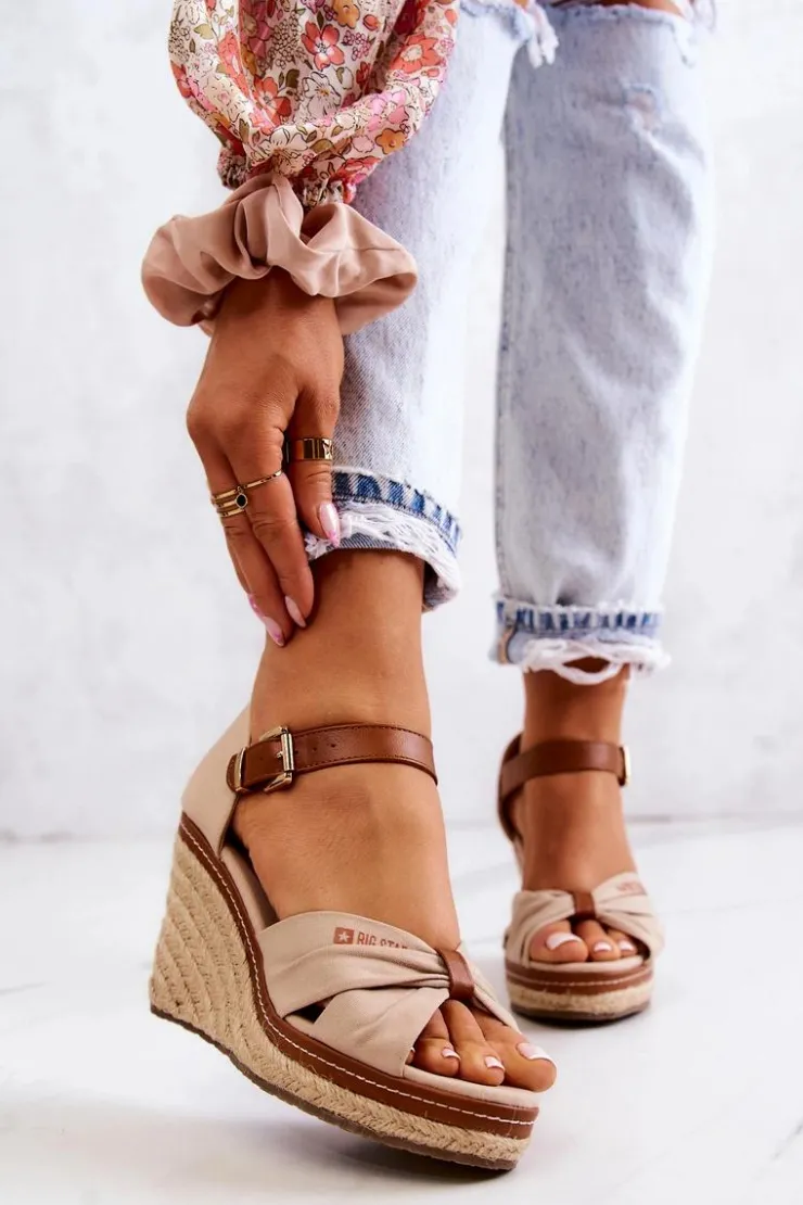 Big Star Shoes Sandały Damskie Na Koturnie Big Star JJ274939 Beżowe