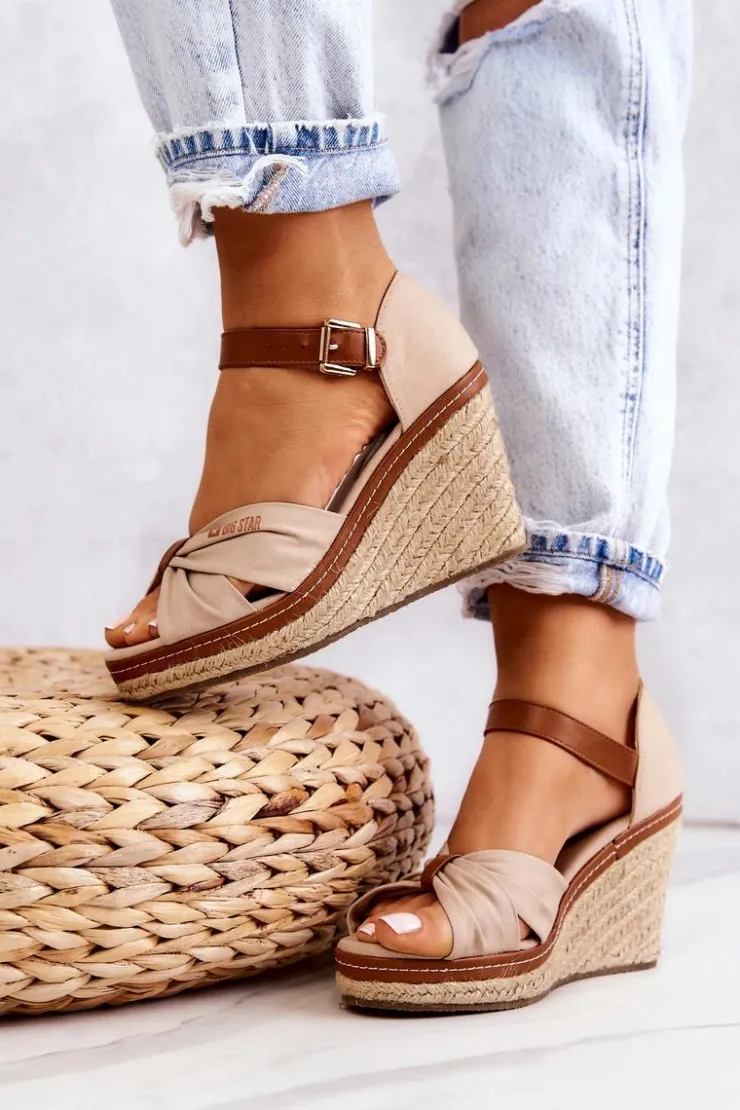 Big Star Shoes Sandały Damskie Na Koturnie Big Star JJ274939 Beżowe