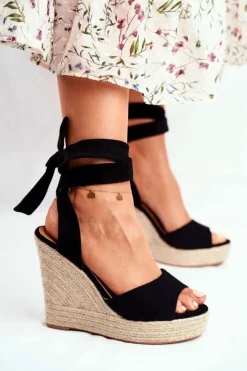 Boto Sandały Na Koturnie*Sandały Damskie Na Koturnie Wiązane Czarne Belleza