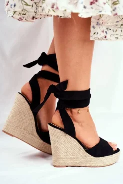Boto Sandały Na Koturnie*Sandały Damskie Na Koturnie Wiązane Czarne Belleza