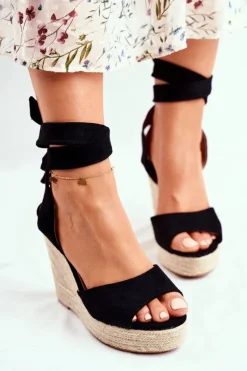 Boto Sandały Na Koturnie*Sandały Damskie Na Koturnie Wiązane Czarne Belleza