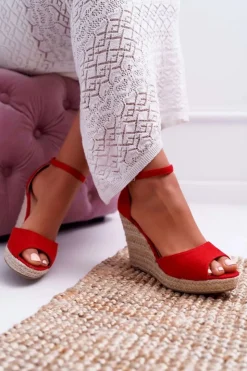 Boto Sandały Na Koturnie*Sandały Damskie Na Koturnie Espadryle Czerwone Trame
