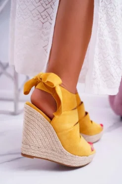 Outlet Boto Sandały Damskie Na Koturnie Lniane Wiązane Żółte Cantare