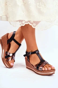 New Evento Sandały Damskie Na Koturnie Czarne Skóra Węża Enroll