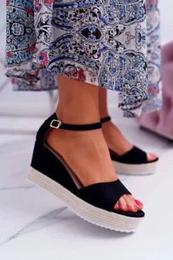 Damskie Boto Sandały Damskie Na Koturnie Platformie Zamszowe Czarne Delima