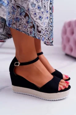 Damskie Boto Sandały Damskie Na Koturnie Platformie Zamszowe Czarne Delima