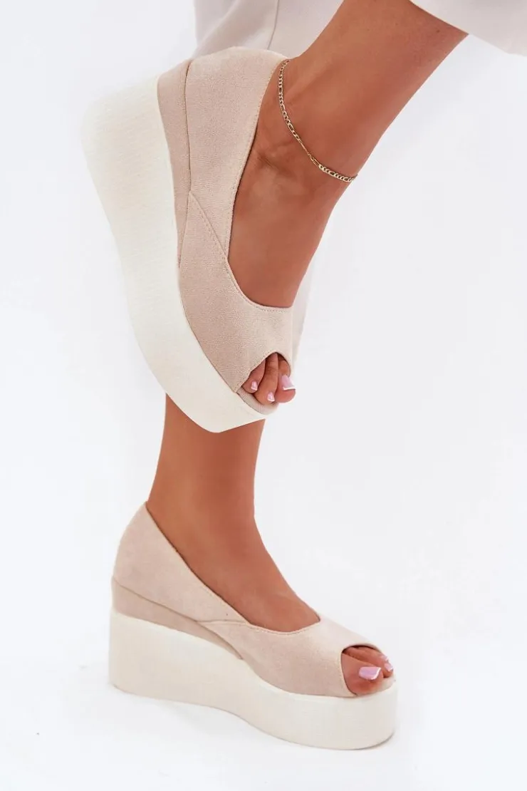 Damskie Boto Sandały Damskie Na Koturnie I Platformie Jasnobeżowe Felyra