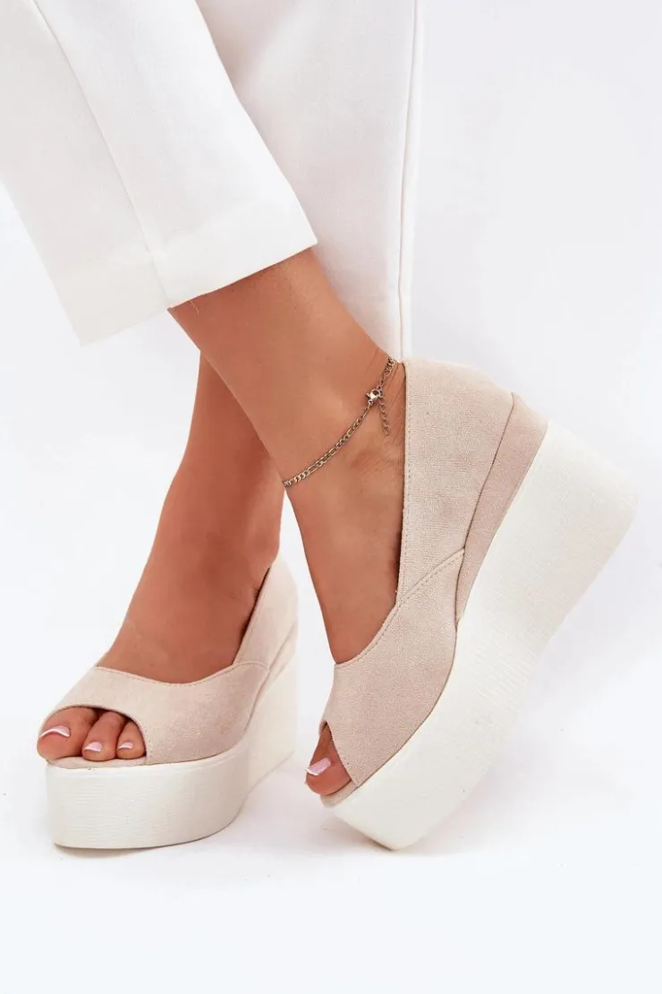 Damskie Boto Sandały Damskie Na Koturnie I Platformie Jasnobeżowe Felyra