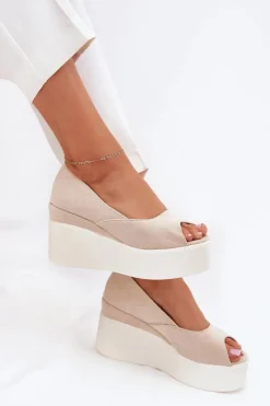 Damskie Boto Sandały Damskie Na Koturnie I Platformie Jasnobeżowe Felyra