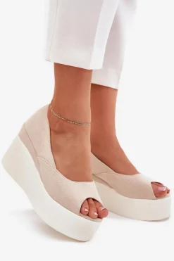Damskie Boto Sandały Damskie Na Koturnie I Platformie Jasnobeżowe Felyra