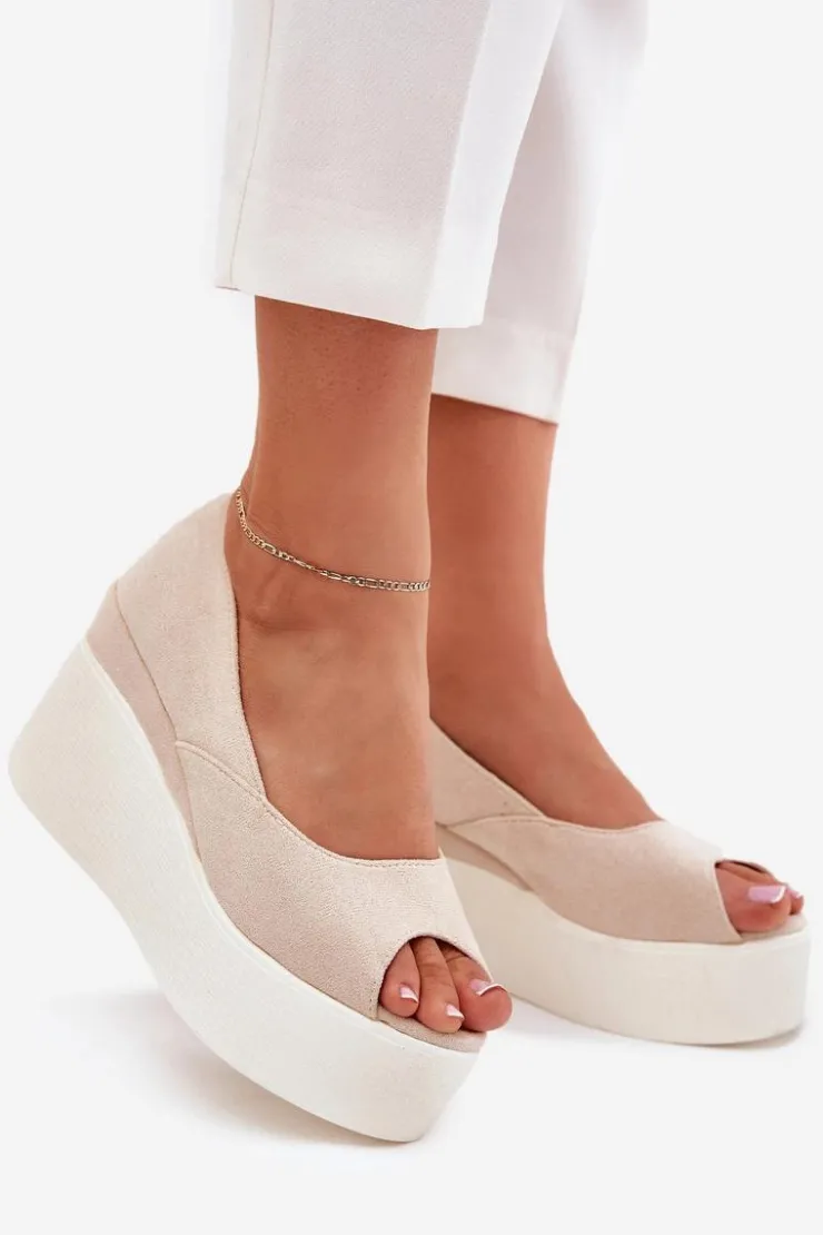 Damskie Boto Sandały Damskie Na Koturnie I Platformie Jasnobeżowe Felyra