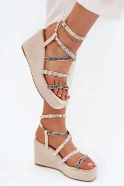 Boto Sandały Na Koturnie*Sandały Damskie Na Koturnie Ze Zdobieniem Na Paskach Beżowe Lunara Beżowy