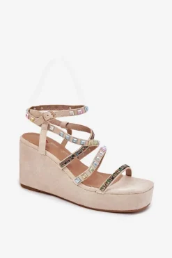 Boto Sandały Na Koturnie*Sandały Damskie Na Koturnie Ze Zdobieniem Na Paskach Beżowe Lunara Beżowy