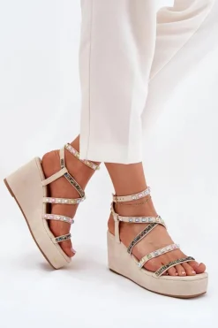 Boto Sandały Na Koturnie*Sandały Damskie Na Koturnie Ze Zdobieniem Na Paskach Beżowe Lunara Beżowy