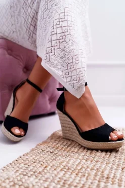 Boto Sandały Na Koturnie*Sandały Damskie Na Koturnie Espadryle Czarne Trame