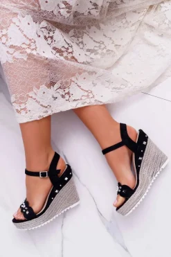 Online Boto Sandały Damskie Na Koturnie Z Dżetami Ćwiekami Czarne Alenni