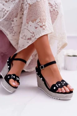 Online Boto Sandały Damskie Na Koturnie Z Dżetami Ćwiekami Czarne Alenni