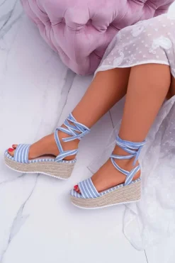 Damskie Boto Sandały Damskie Na Koturnie Platformie Lniane Wiązane Błękitne Jolyn