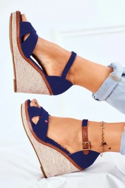 Damskie Boto Sandały Damskie Na Koturnie Granatowe LaMane