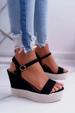 Damskie Boto Sandały Damskie Na Koturnie Lniane Czarne Liviana