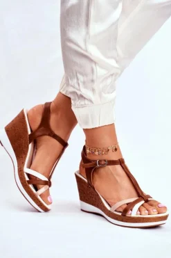 Buty Sergio Leone Sandały Na Koturnie*Sandały Damskie Na Koturnie Sergio Leone Brązowe SK308