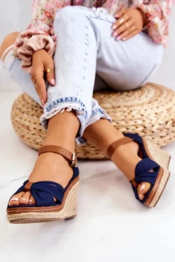 Damskie Big Star Shoes Sandały Damskie Na Koturnie Big Star JJ274938 Granatowe