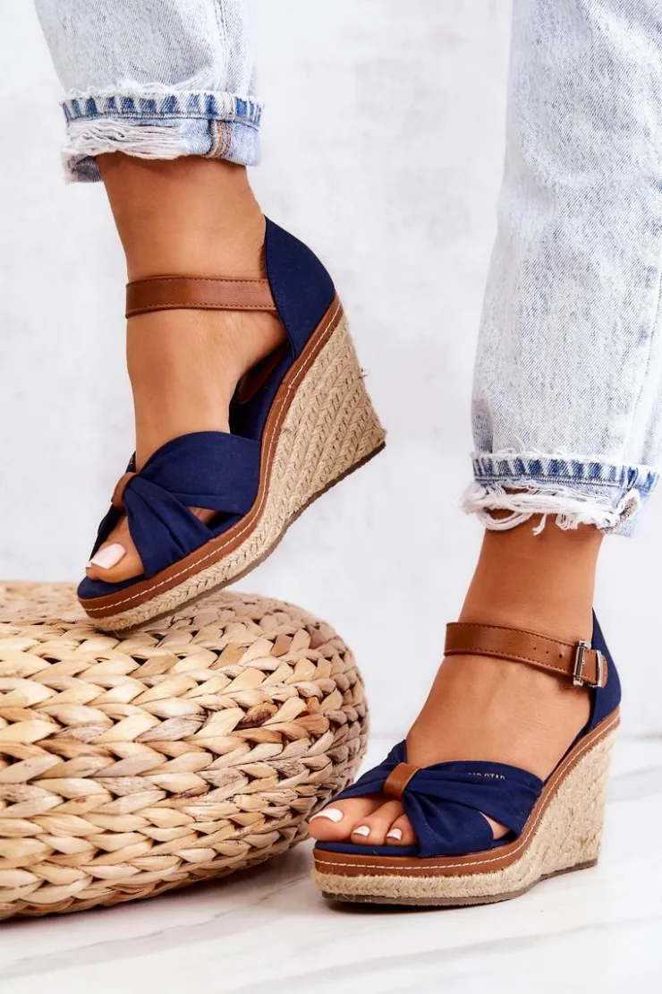 Damskie Big Star Shoes Sandały Damskie Na Koturnie Big Star JJ274938 Granatowe