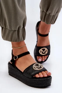 Outlet Boto Sandały Damskie Na Koturnie Z Plecionką Czarne Esalena