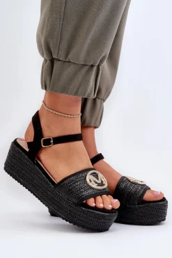 Outlet Boto Sandały Damskie Na Koturnie Z Plecionką Czarne Esalena