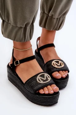 Outlet Boto Sandały Damskie Na Koturnie Z Plecionką Czarne Esalena