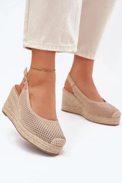 Boto Sandały Na Koturnie*Sandały Damskie Na Koturnie Z Plecionką Ciemnobeżowe Tulliata