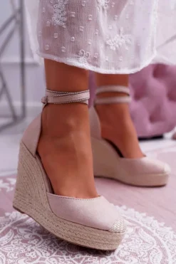 Damskie Boto Sandały Damskie Na Koturnie Lniane Różowe Canterola