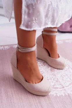 Damskie Boto Sandały Damskie Na Koturnie Lniane Różowe Canterola