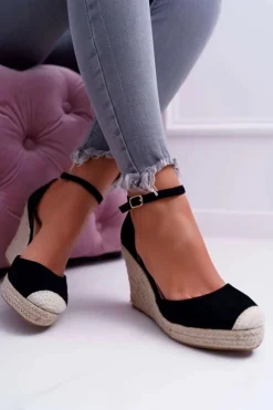 Damskie Boto Sandały Damskie Na Koturnie Lniane Czarne Tammaris