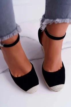 Damskie Boto Sandały Damskie Na Koturnie Lniane Czarne Tammaris