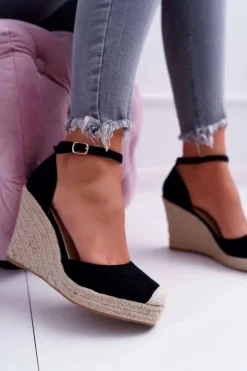 Damskie Boto Sandały Damskie Na Koturnie Lniane Czarne Tammaris