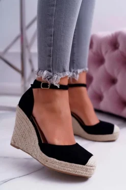 Damskie Boto Sandały Damskie Na Koturnie Lniane Czarne Tammaris