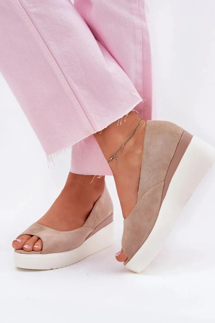 Damskie Boto Sandały Damskie Na Koturnie Z Eko Zamszu Beżowe Velira