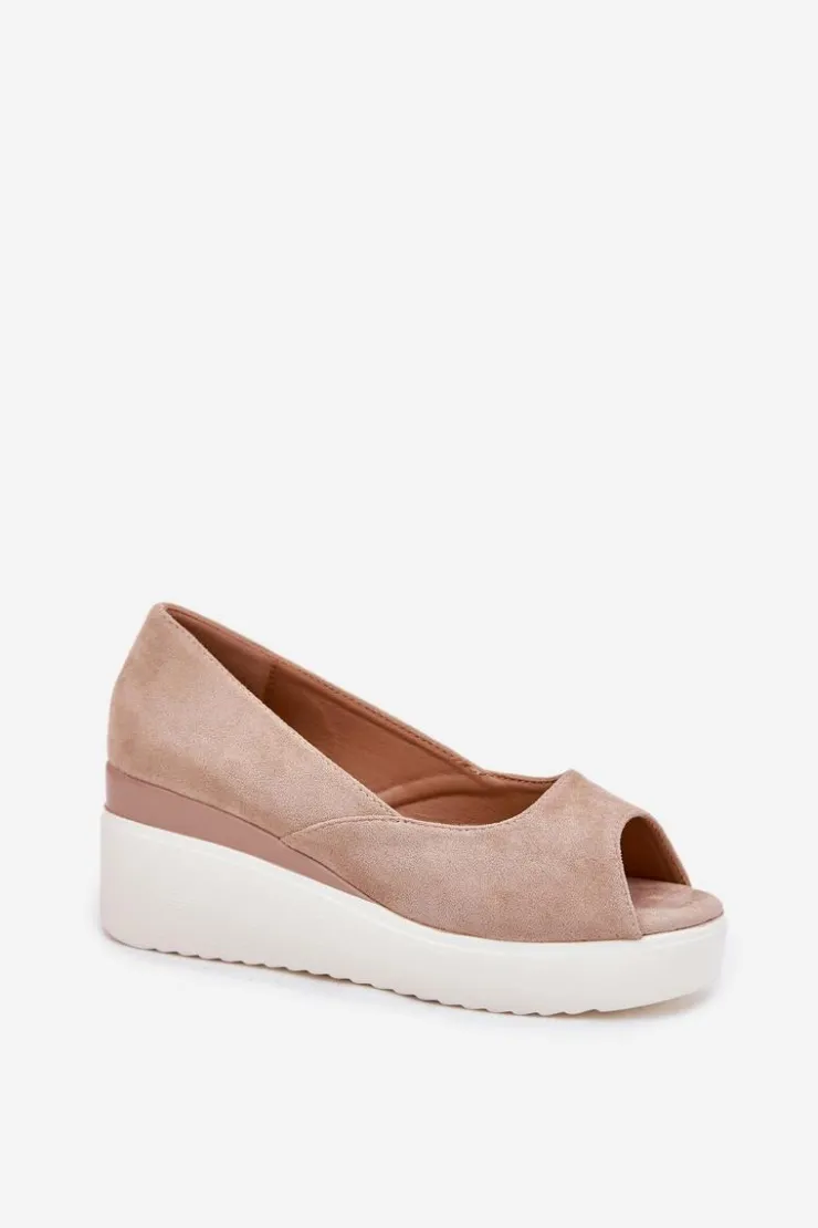 Damskie Boto Sandały Damskie Na Koturnie Z Eko Zamszu Beżowe Velira