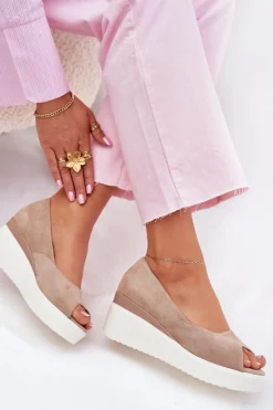 Damskie Boto Sandały Damskie Na Koturnie Z Eko Zamszu Beżowe Velira