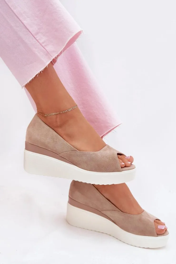 Damskie Boto Sandały Damskie Na Koturnie Z Eko Zamszu Beżowe Velira